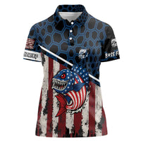 Aggressive Bass Fishing Women Polo Shirt with American Flag Pattern on Grunge Hex Background - Wonder Print Shop