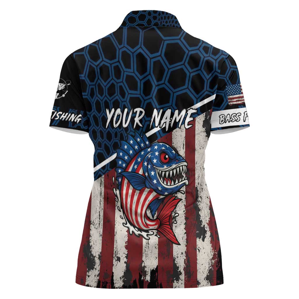 Aggressive Bass Fishing Women Polo Shirt with American Flag Pattern on Grunge Hex Background - Wonder Print Shop