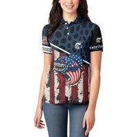 Aggressive Bass Fishing Women Polo Shirt with American Flag Pattern on Grunge Hex Background - Wonder Print Shop