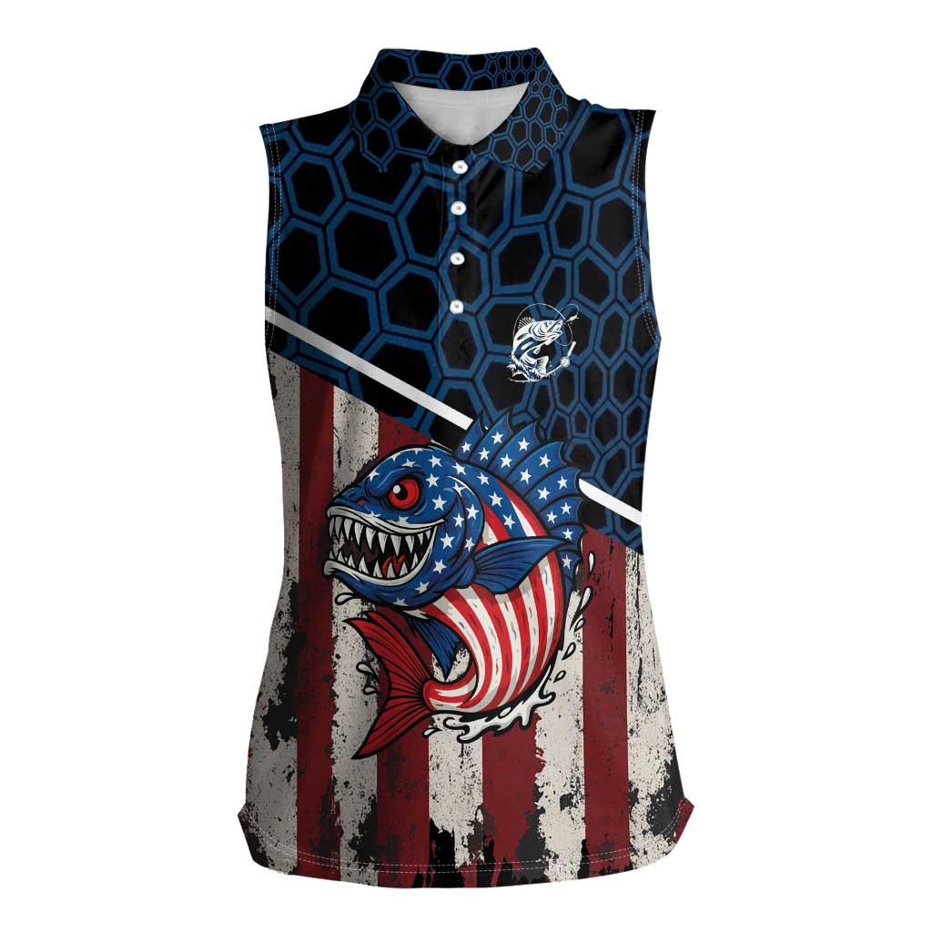 Aggressive Bass Fishing Women Sleeveless Polo Shirt with American Flag Pattern on Grunge Hex Background - Wonder Print Shop