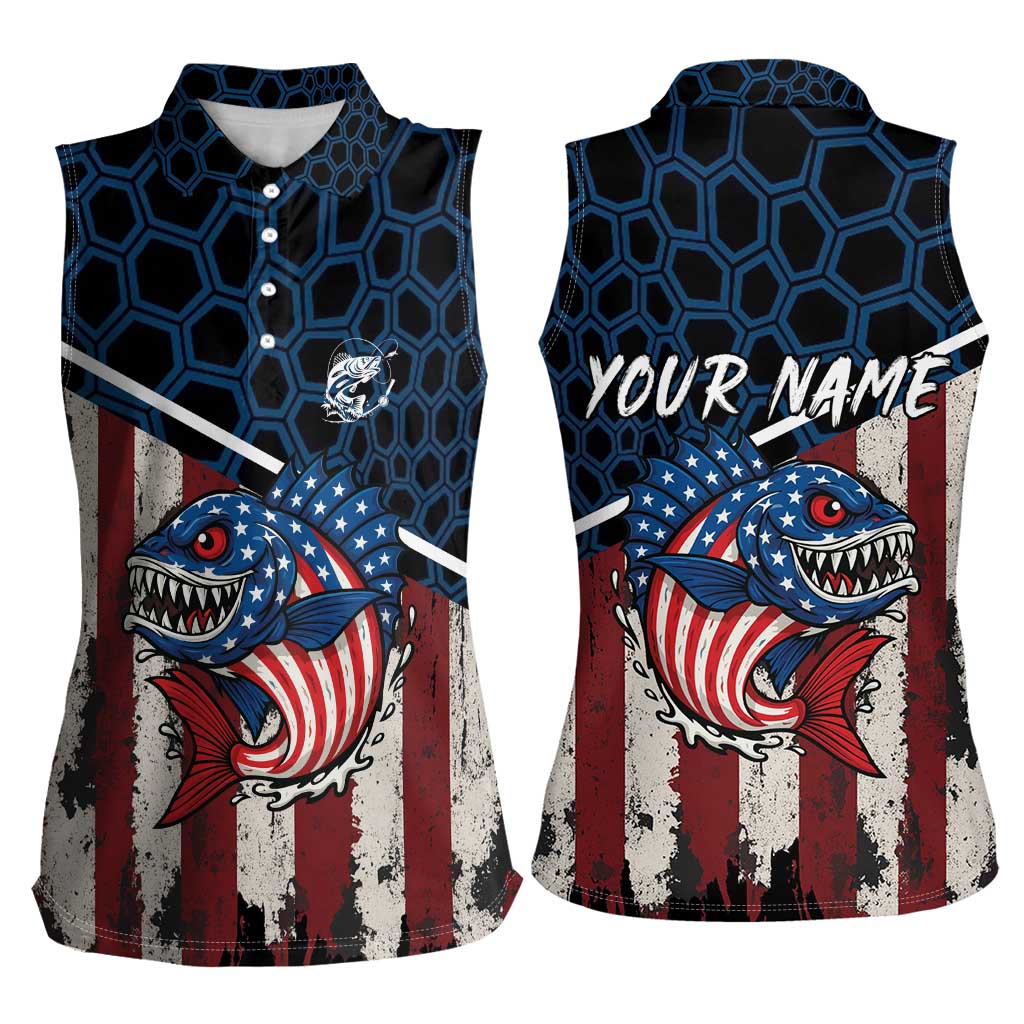 Aggressive Bass Fishing Women Sleeveless Polo Shirt with American Flag Pattern on Grunge Hex Background - Wonder Print Shop