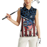 Aggressive Bass Fishing Women Sleeveless Polo Shirt with American Flag Pattern on Grunge Hex Background - Wonder Print Shop