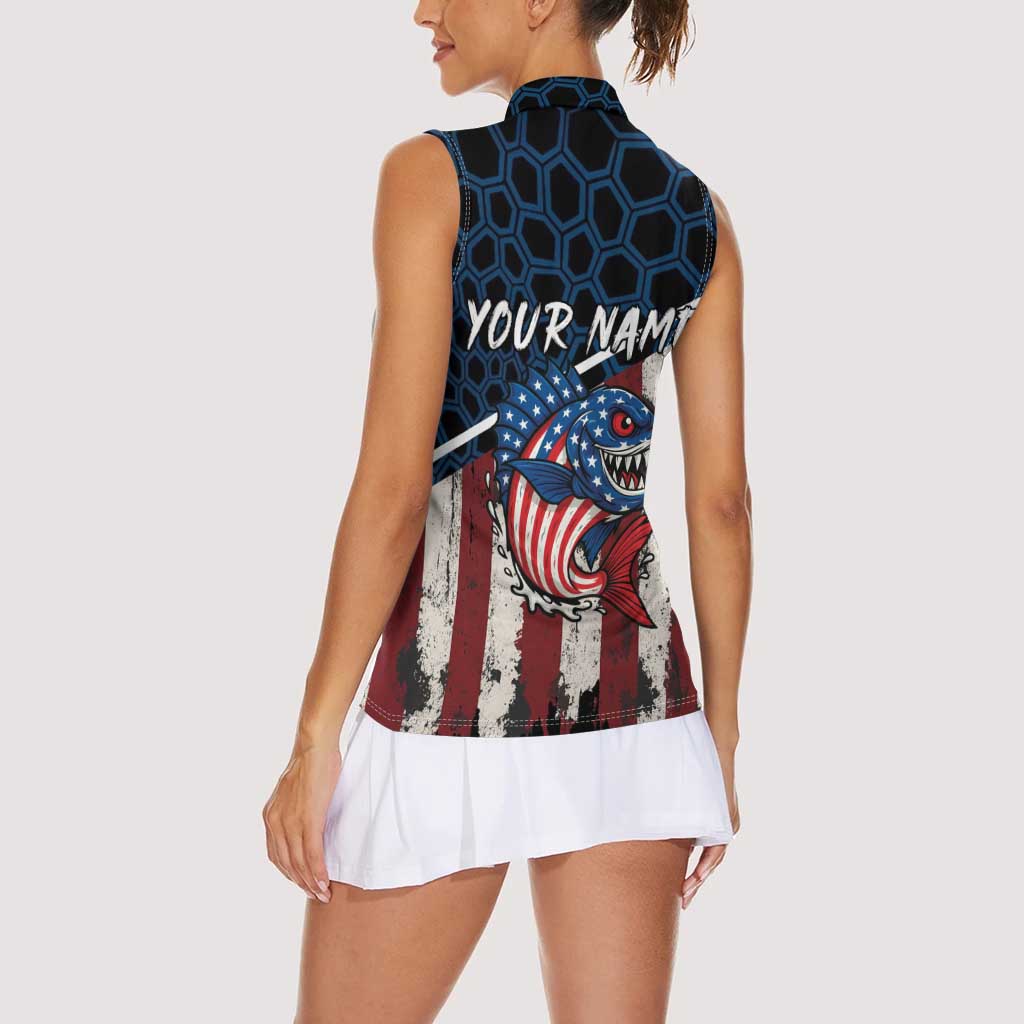 Aggressive Bass Fishing Women Sleeveless Polo Shirt with American Flag Pattern on Grunge Hex Background - Wonder Print Shop