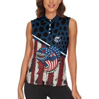 Aggressive Bass Fishing Women Sleeveless Polo Shirt with American Flag Pattern on Grunge Hex Background - Wonder Print Shop