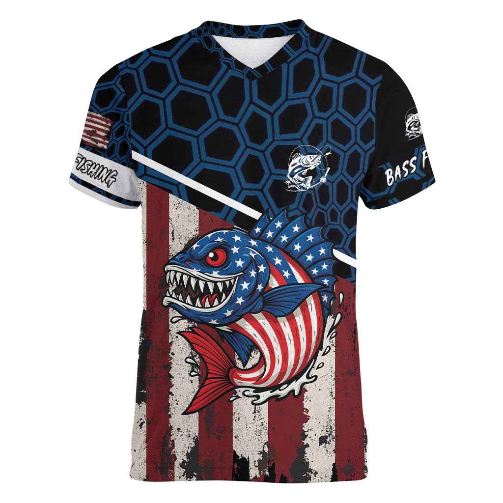 Aggressive Bass Fishing Women V-Neck T-Shirt with American Flag Pattern on Grunge Hex Background - Wonder Print Shop