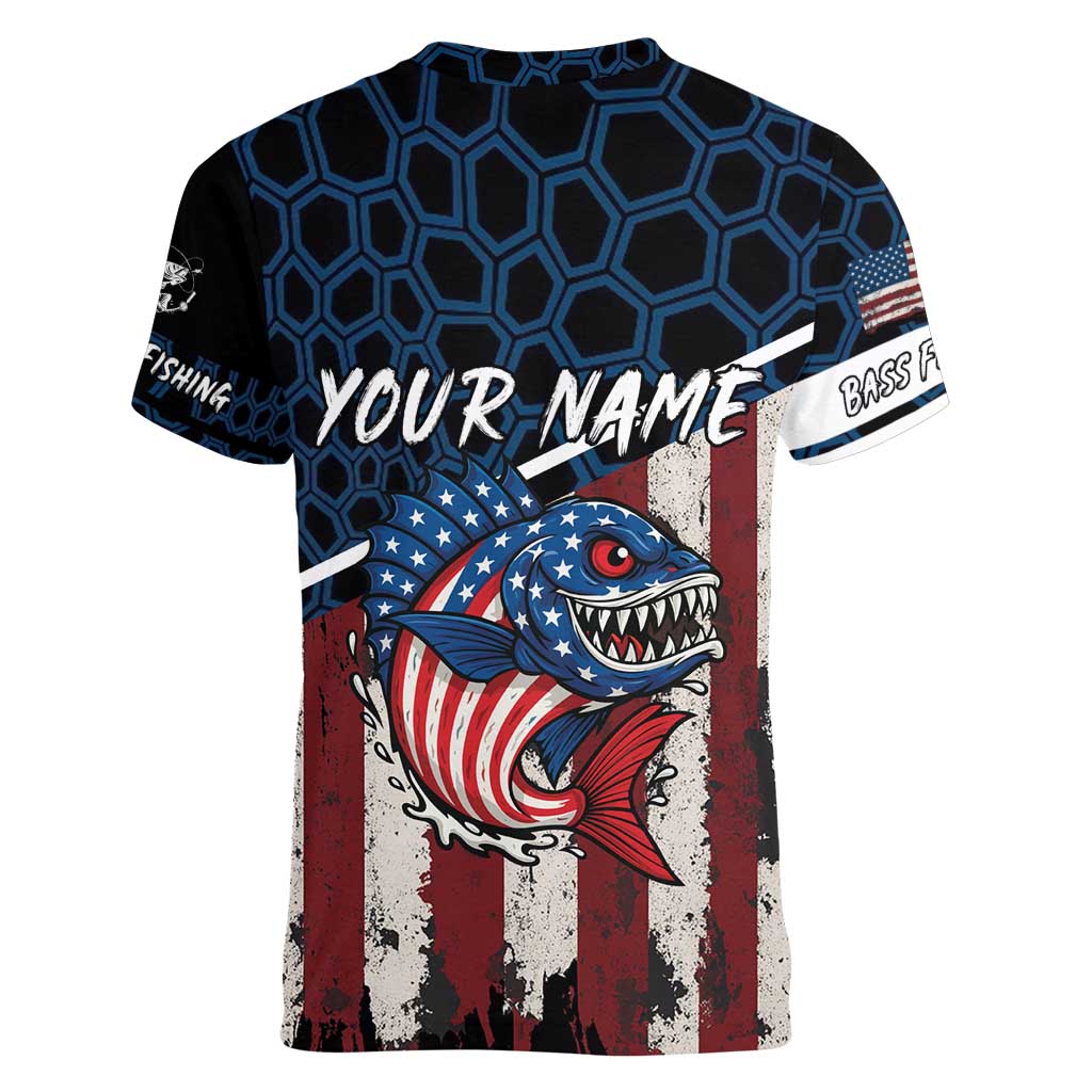 Aggressive Bass Fishing Women V-Neck T-Shirt with American Flag Pattern on Grunge Hex Background - Wonder Print Shop