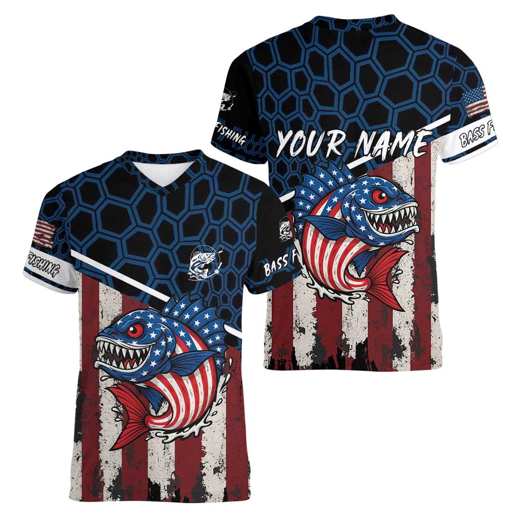 Aggressive Bass Fishing Women V-Neck T-Shirt with American Flag Pattern on Grunge Hex Background - Wonder Print Shop