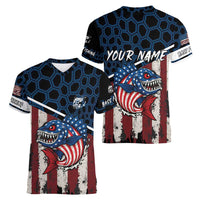 Aggressive Bass Fishing Women V-Neck T-Shirt with American Flag Pattern on Grunge Hex Background - Wonder Print Shop