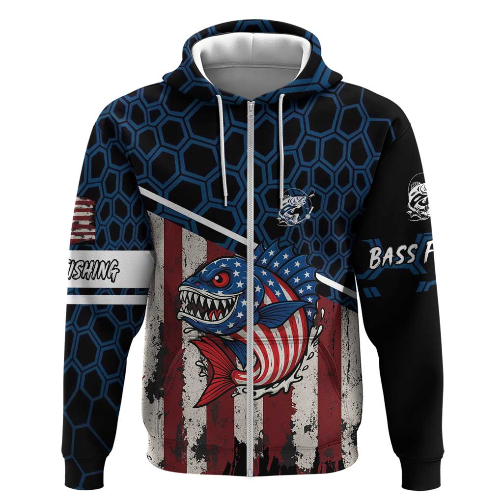 Aggressive Bass Fishing Zip Hoodie with American Flag Pattern on Grunge Hex Background - Wonder Print Shop