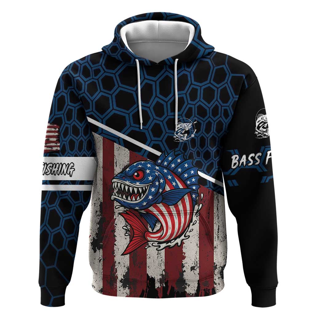 Aggressive Bass Fishing Zip Hoodie with American Flag Pattern on Grunge Hex Background - Wonder Print Shop