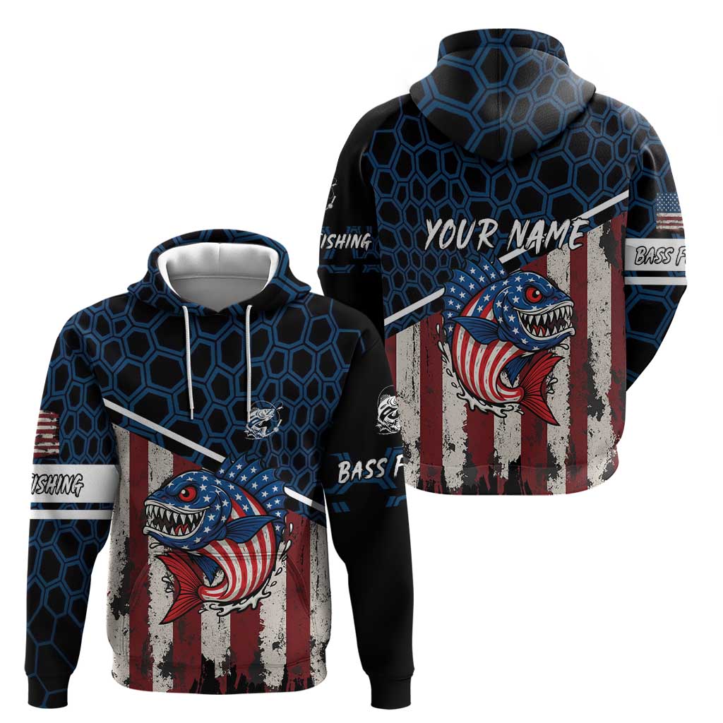 Aggressive Bass Fishing Zip Hoodie with American Flag Pattern on Grunge Hex Background - Wonder Print Shop