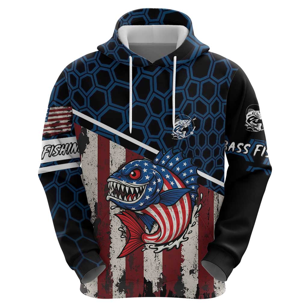 Aggressive Bass Fishing Zip Hoodie with American Flag Pattern on Grunge Hex Background - Wonder Print Shop