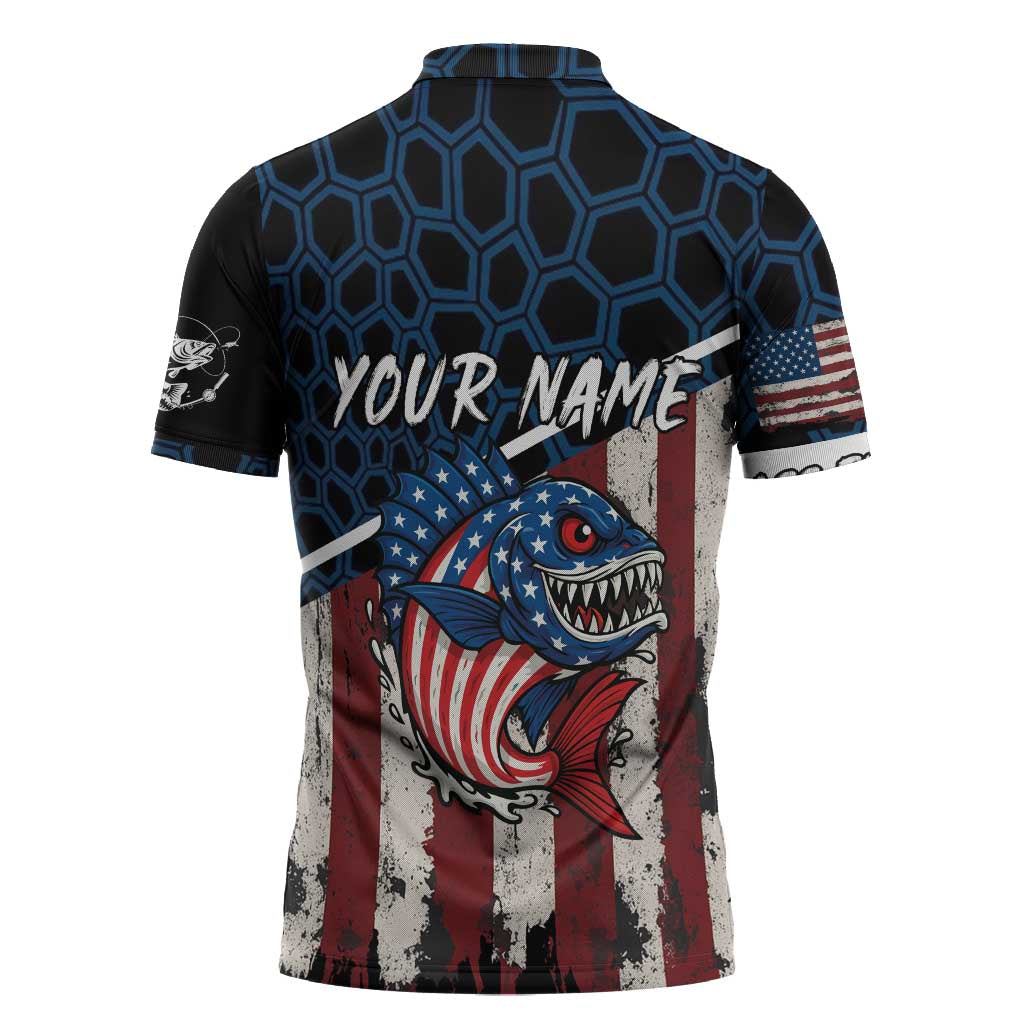 Aggressive Bass Fishing Zipper Polo Shirt with American Flag Pattern on Grunge Hex Background - Wonder Print Shop