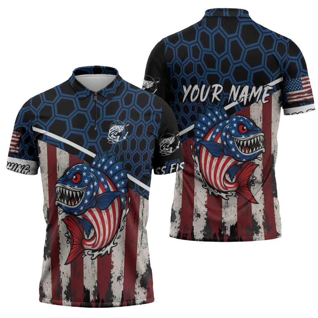 Aggressive Bass Fishing Zipper Polo Shirt with American Flag Pattern on Grunge Hex Background - Wonder Print Shop