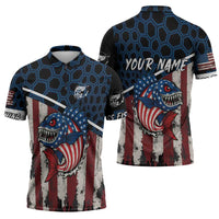 Aggressive Bass Fishing Zipper Polo Shirt with American Flag Pattern on Grunge Hex Background - Wonder Print Shop