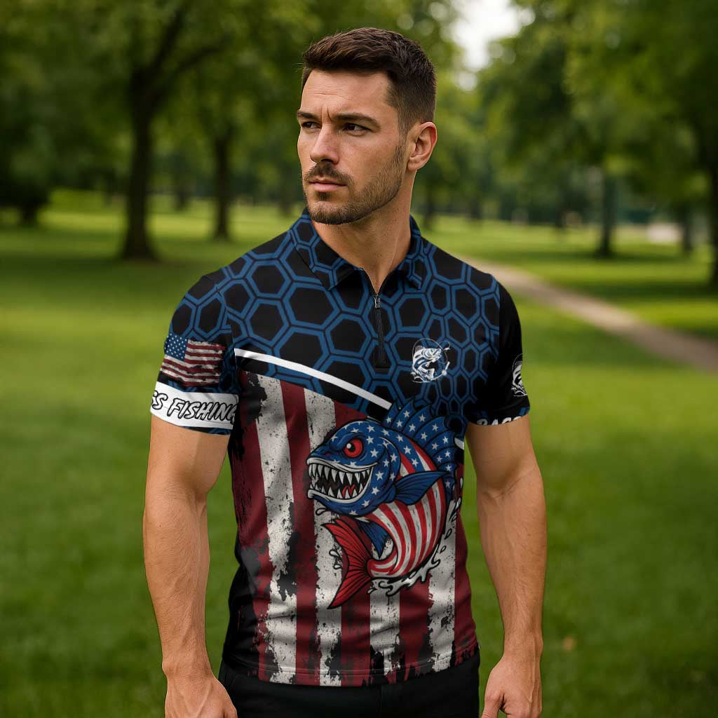 Aggressive Bass Fishing Zipper Polo Shirt with American Flag Pattern on Grunge Hex Background - Wonder Print Shop