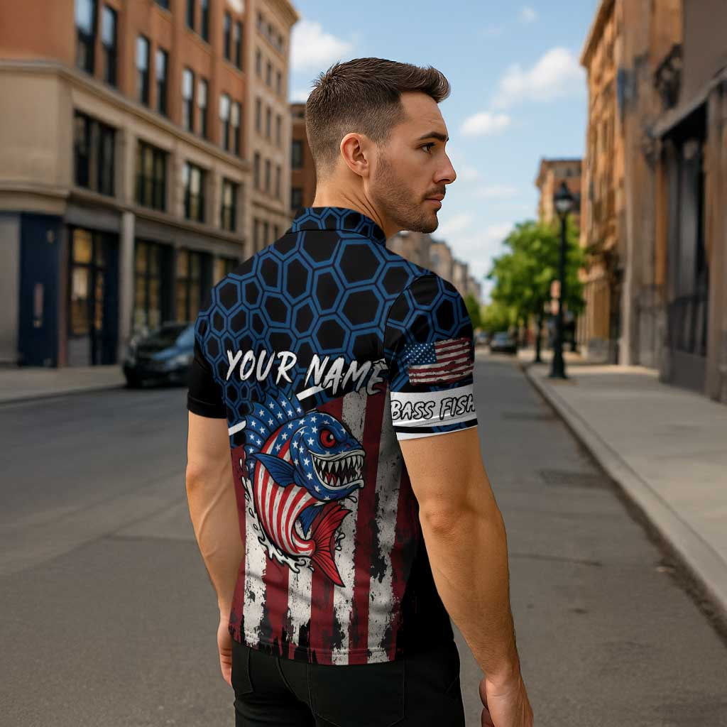Aggressive Bass Fishing Zipper Polo Shirt with American Flag Pattern on Grunge Hex Background - Wonder Print Shop