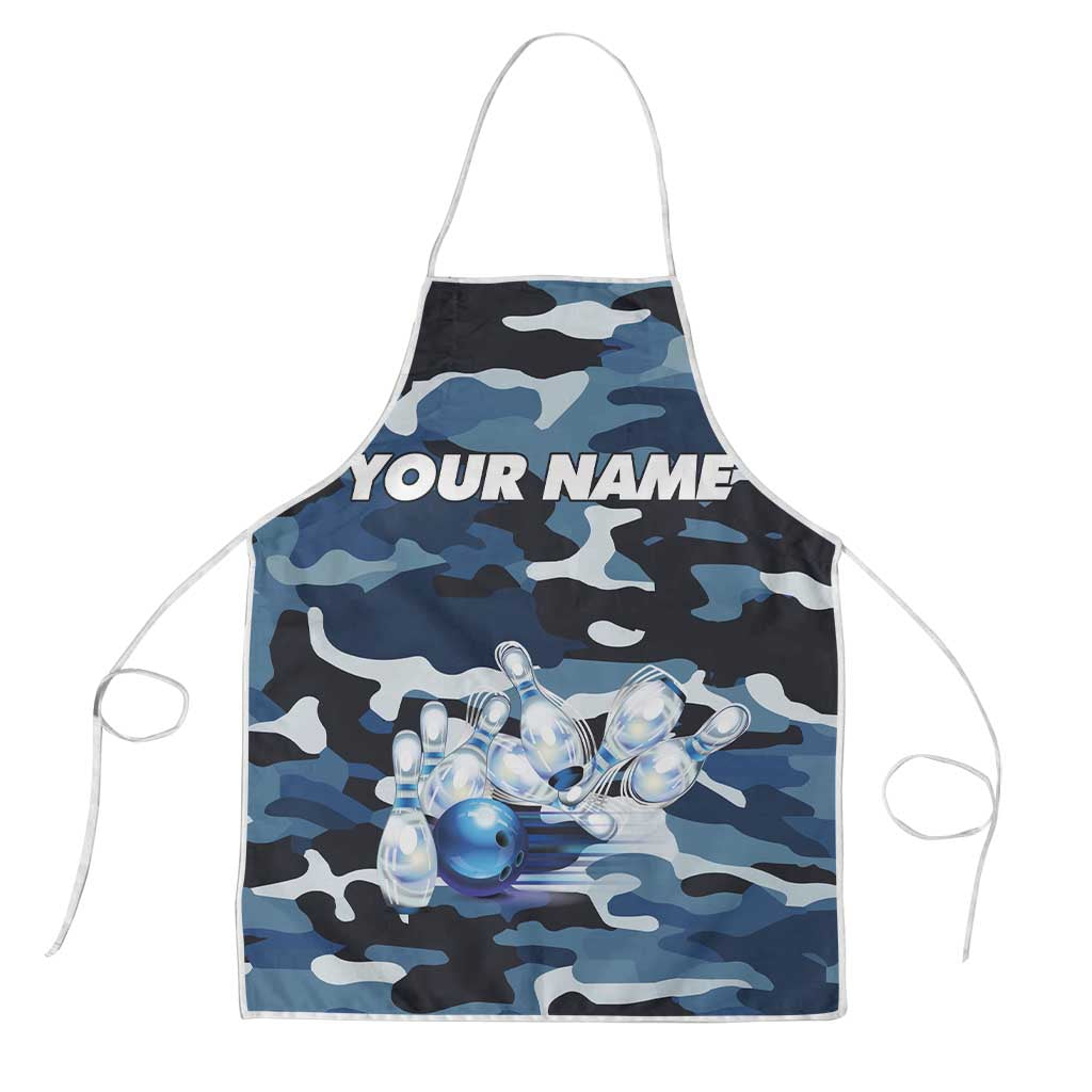 Blue Camouflage Pattern Apron with Bowling Pins and Ball Graphic Design - Wonder Print Shop