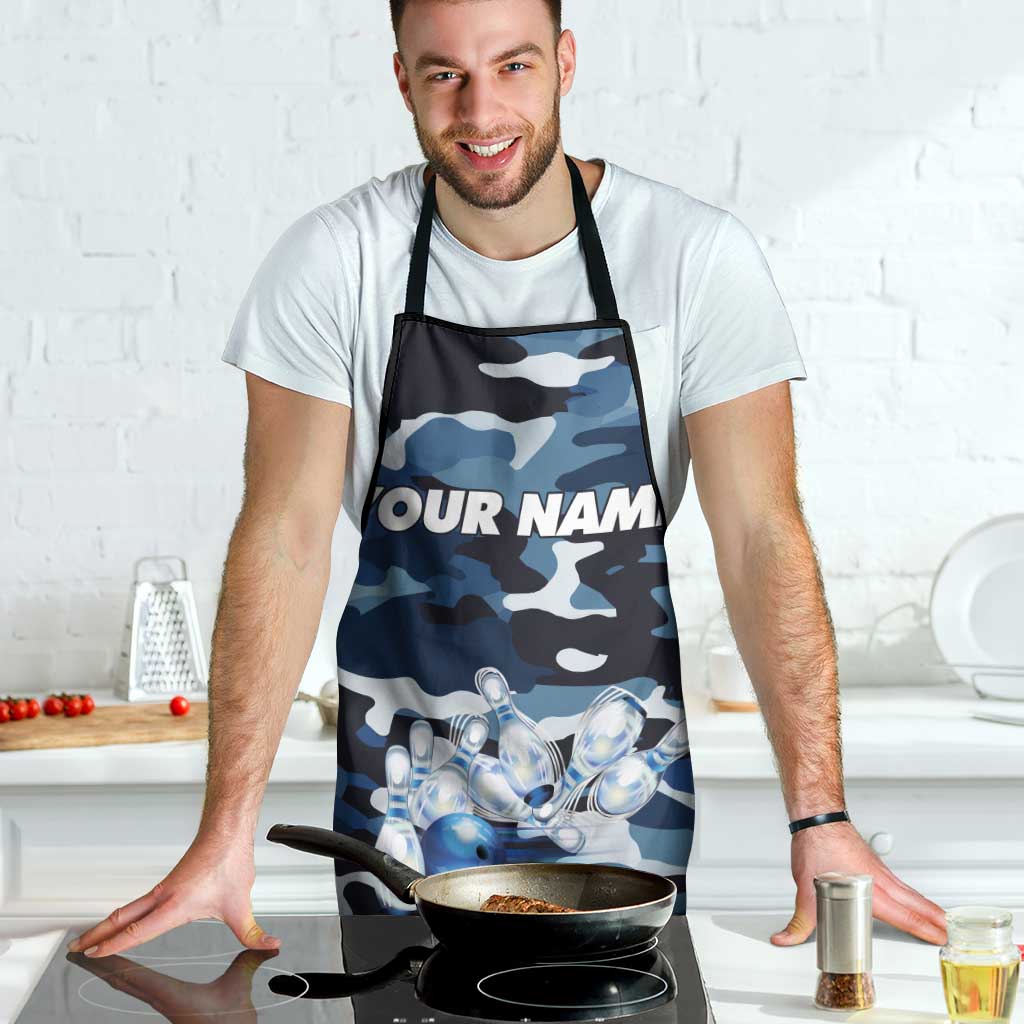 Blue Camouflage Pattern Apron with Bowling Pins and Ball Graphic Design - Wonder Print Shop