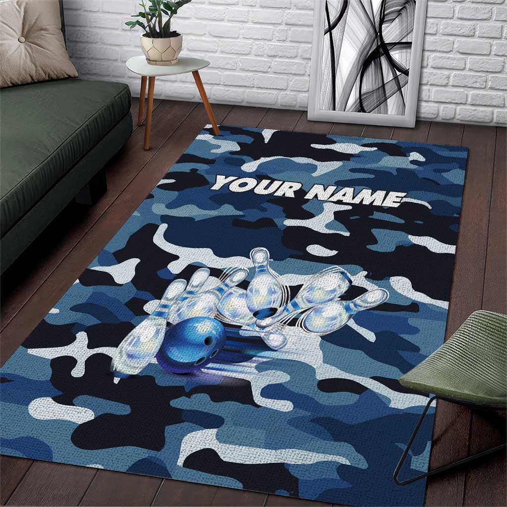 Blue Camouflage Pattern Area Rug with Bowling Pins and Ball Graphic Design - Wonder Print Shop