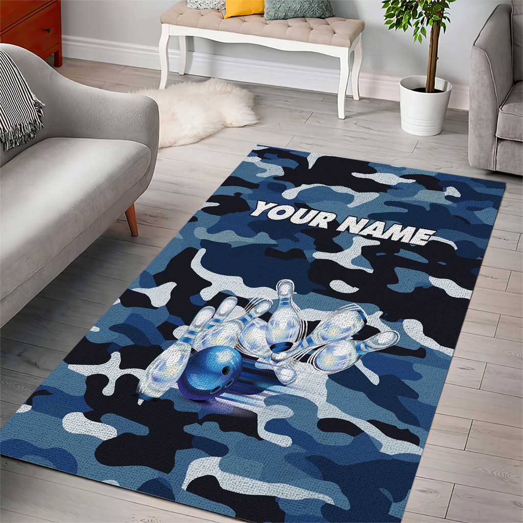 Blue Camouflage Pattern Area Rug with Bowling Pins and Ball Graphic Design - Wonder Print Shop