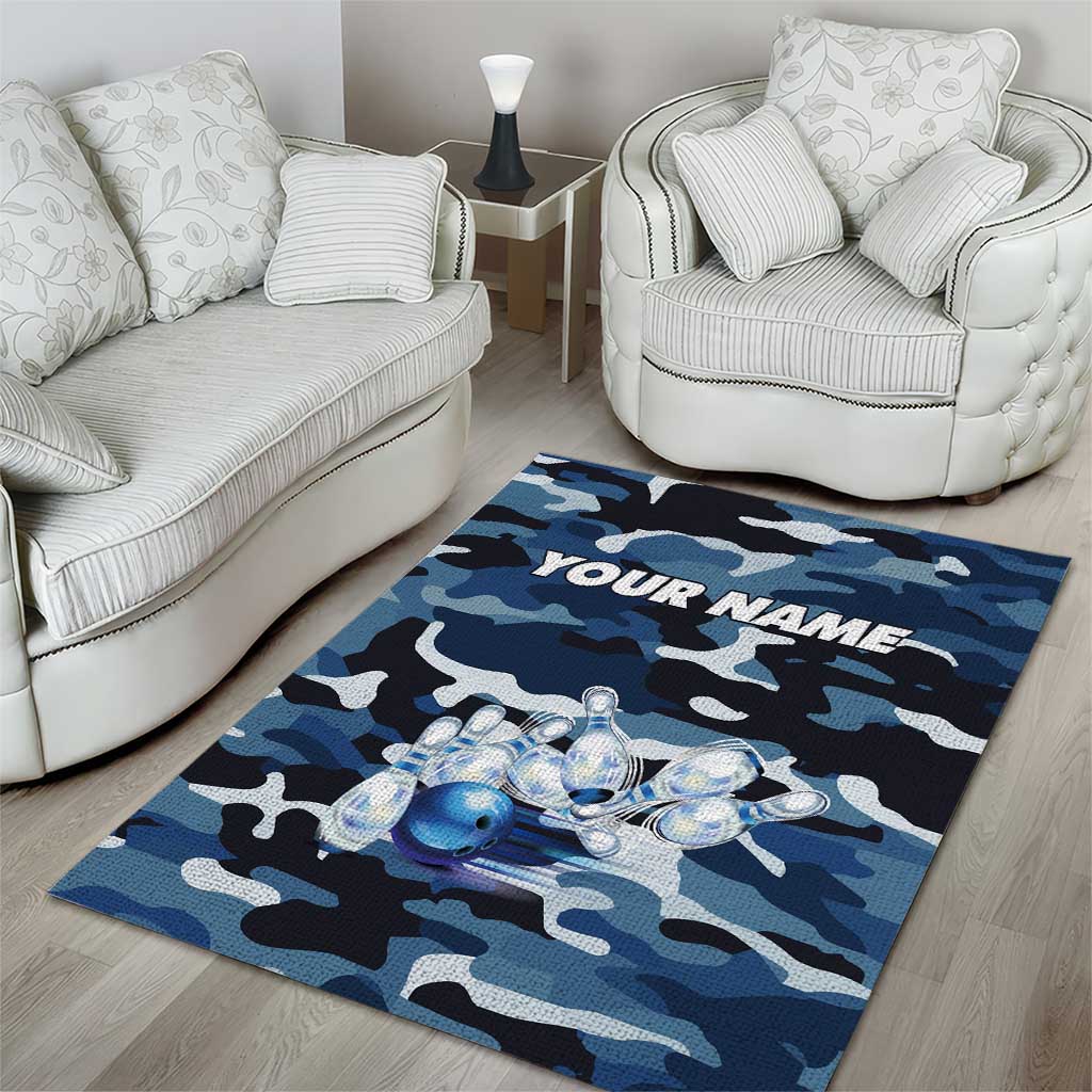 Blue Camouflage Pattern Area Rug with Bowling Pins and Ball Graphic Design - Wonder Print Shop