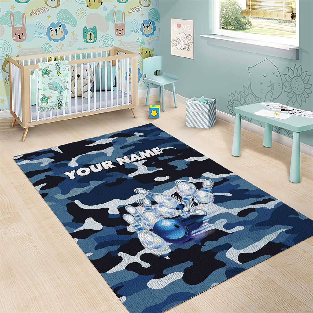 Blue Camouflage Pattern Area Rug with Bowling Pins and Ball Graphic Design - Wonder Print Shop