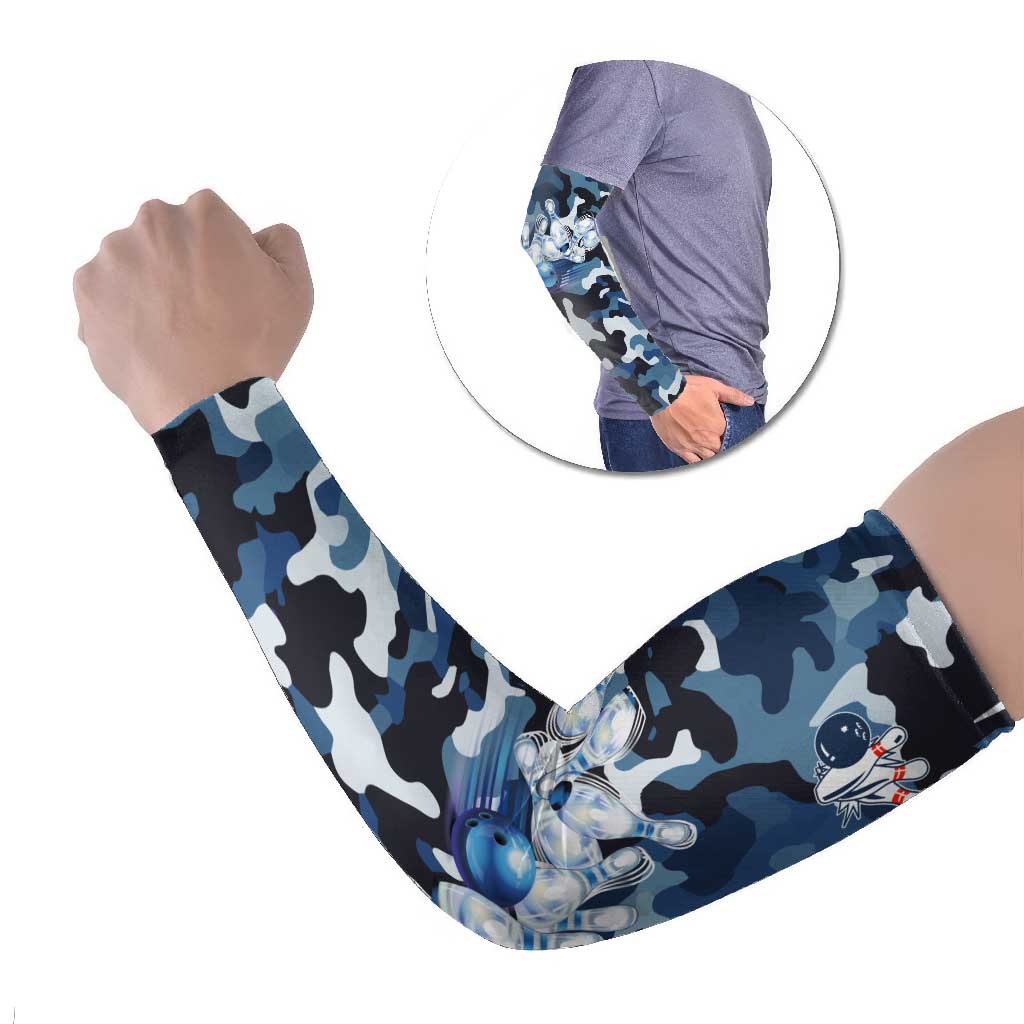 Blue Camouflage Pattern Arm Sleeves with Bowling Pins and Ball Graphic Design - Wonder Print Shop