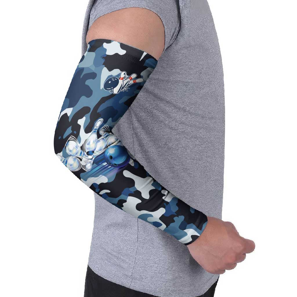 Blue Camouflage Pattern Arm Sleeves with Bowling Pins and Ball Graphic Design - Wonder Print Shop