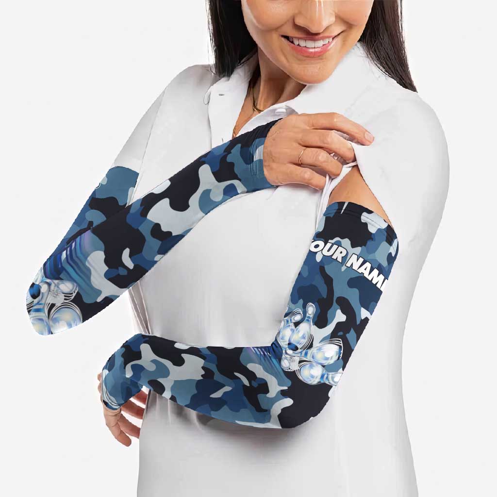 Blue Camouflage Pattern Arm Sleeves with Bowling Pins and Ball Graphic Design - Wonder Print Shop