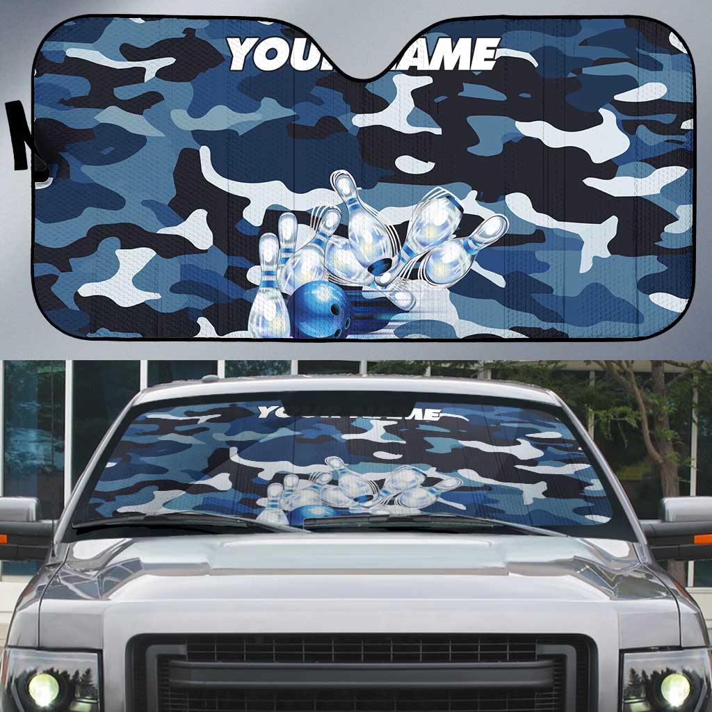 Blue Camouflage Pattern Auto Sun Shade with Bowling Pins and Ball Graphic Design - Wonder Print Shop