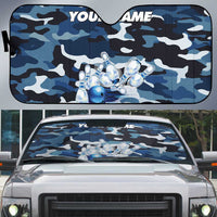 Blue Camouflage Pattern Auto Sun Shade with Bowling Pins and Ball Graphic Design - Wonder Print Shop