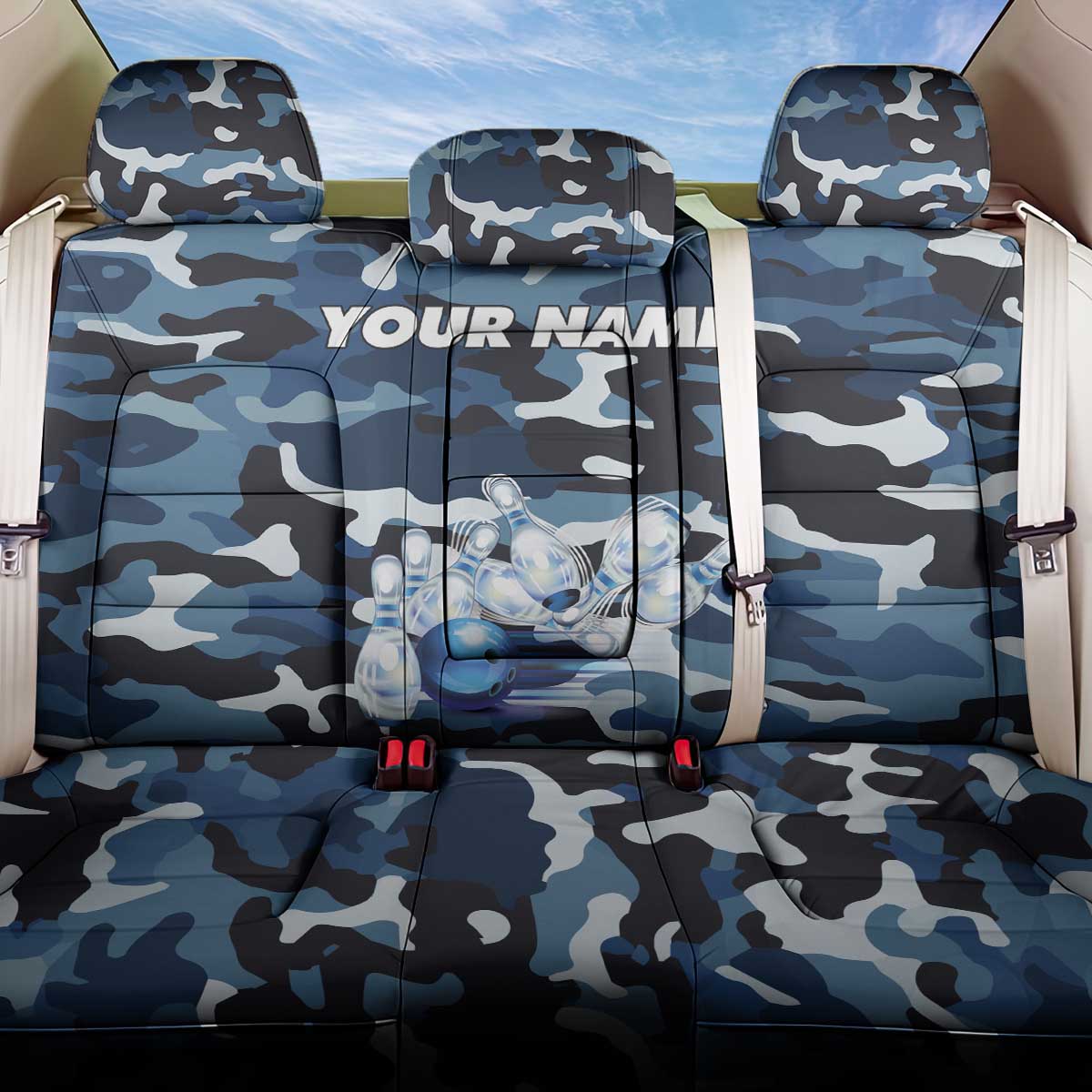 Blue Camouflage Pattern Back Car Seat Cover with Bowling Pins and Ball Graphic Design - Wonder Print Shop