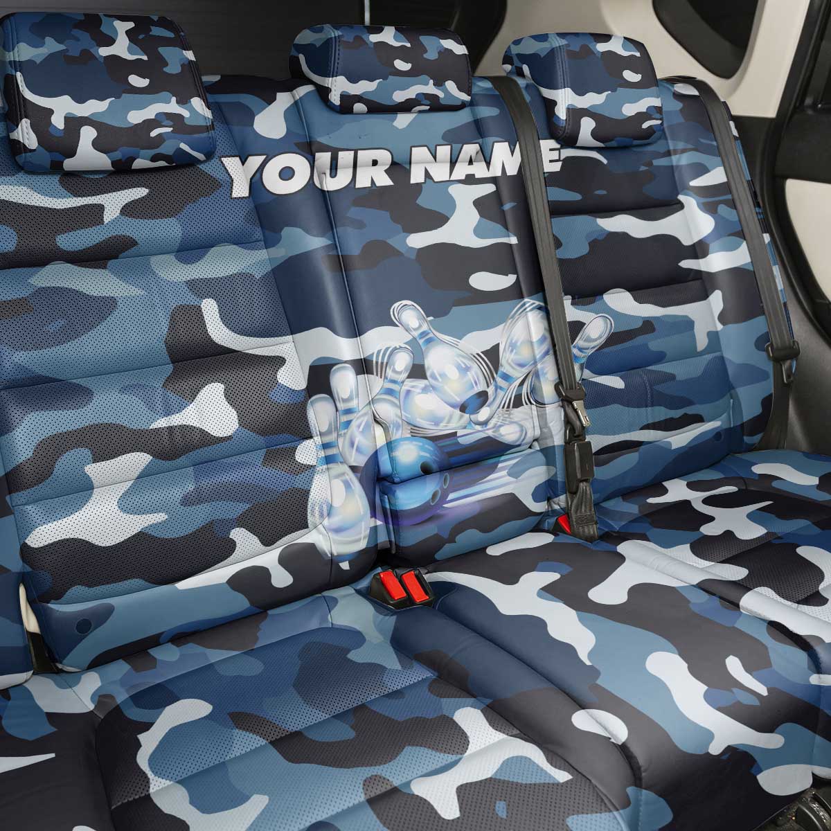 Blue Camouflage Pattern Back Car Seat Cover with Bowling Pins and Ball Graphic Design - Wonder Print Shop
