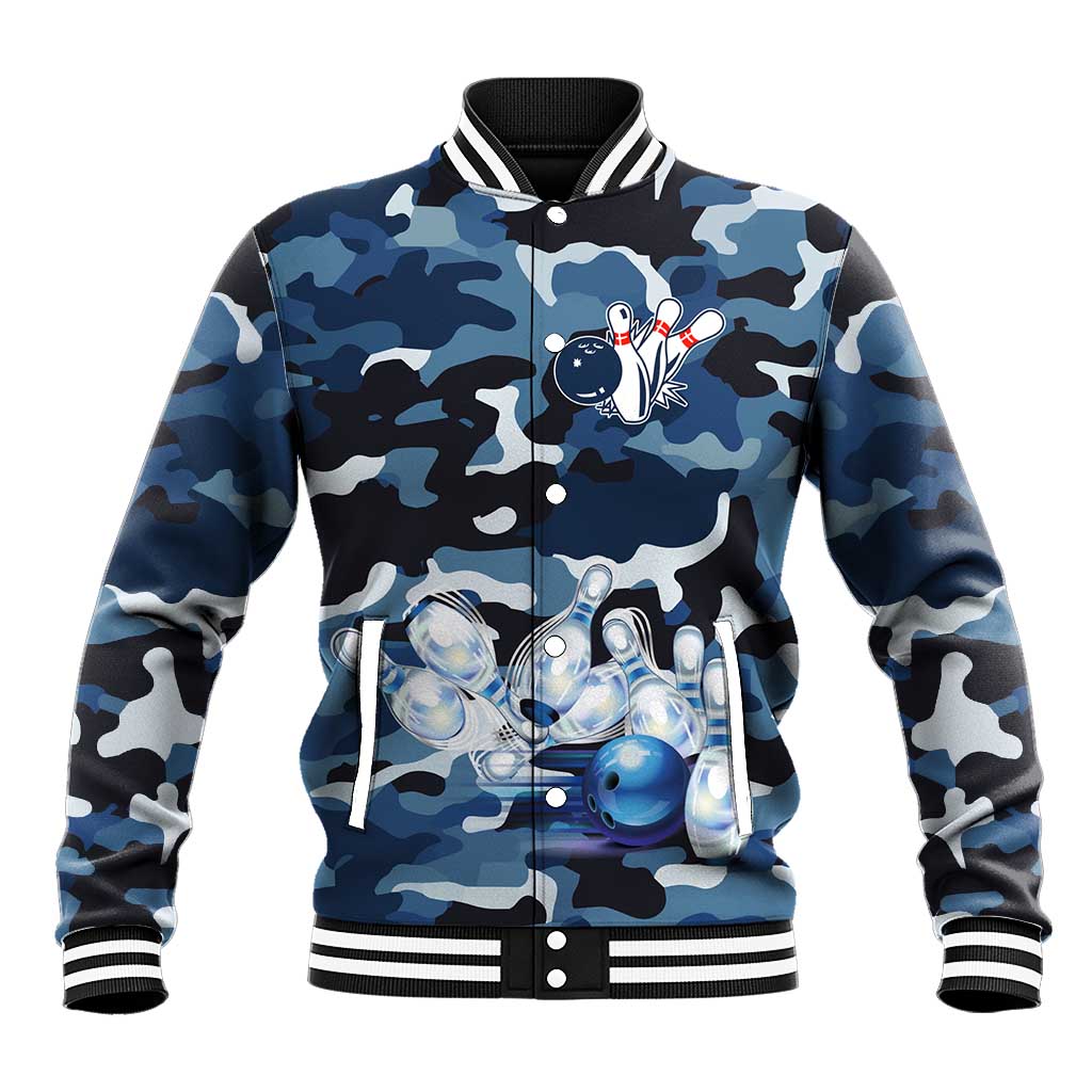 Blue Camouflage Pattern Baseball Jacket with Bowling Pins and Ball Graphic Design - Wonder Print Shop