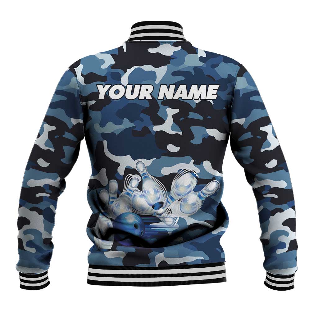 Blue Camouflage Pattern Baseball Jacket with Bowling Pins and Ball Graphic Design - Wonder Print Shop