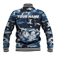 Blue Camouflage Pattern Baseball Jacket with Bowling Pins and Ball Graphic Design - Wonder Print Shop