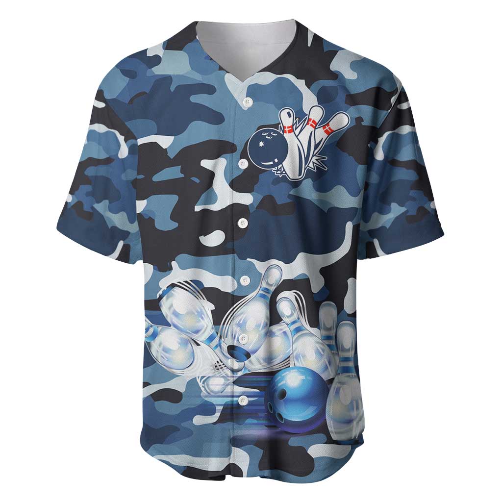 Blue Camouflage Pattern Baseball Jersey with Bowling Pins and Ball Graphic Design - Wonder Print Shop