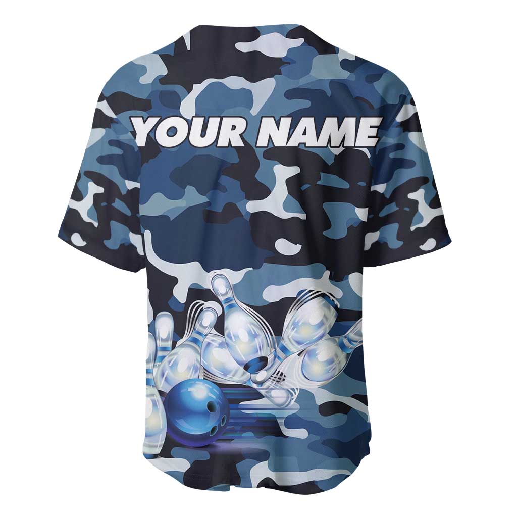 Blue Camouflage Pattern Baseball Jersey with Bowling Pins and Ball Graphic Design - Wonder Print Shop