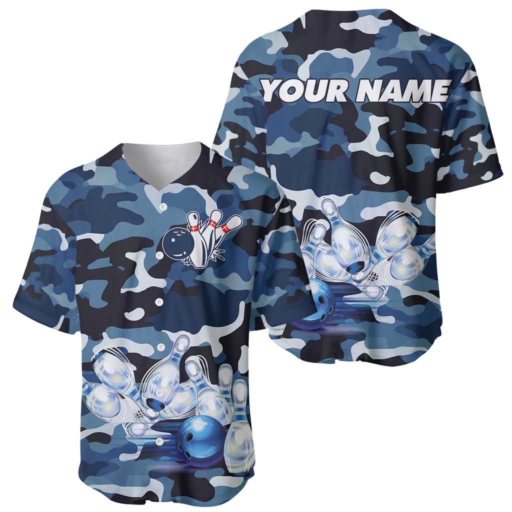 Blue Camouflage Pattern Baseball Jersey with Bowling Pins and Ball Graphic Design - Wonder Print Shop