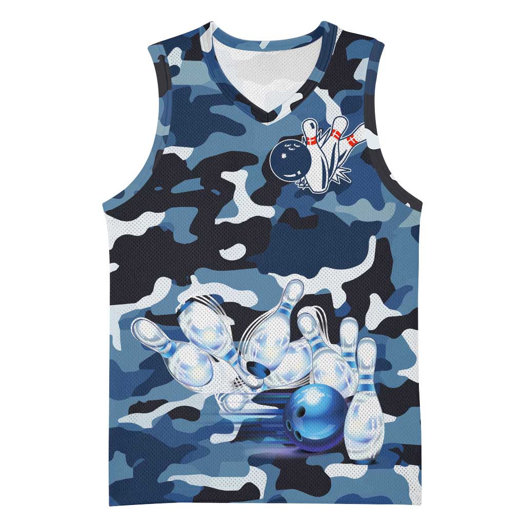 Blue Camouflage Pattern Basketball Jersey with Bowling Pins and Ball Graphic Design - Wonder Print Shop