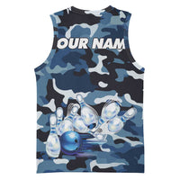 Blue Camouflage Pattern Basketball Jersey with Bowling Pins and Ball Graphic Design - Wonder Print Shop