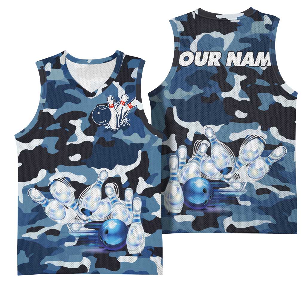 Blue Camouflage Pattern Basketball Jersey with Bowling Pins and Ball Graphic Design - Wonder Print Shop