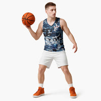 Blue Camouflage Pattern Basketball Jersey with Bowling Pins and Ball Graphic Design - Wonder Print Shop