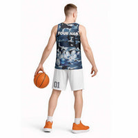 Blue Camouflage Pattern Basketball Jersey with Bowling Pins and Ball Graphic Design - Wonder Print Shop