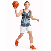 Blue Camouflage Pattern Basketball Jersey with Bowling Pins and Ball Graphic Design - Wonder Print Shop