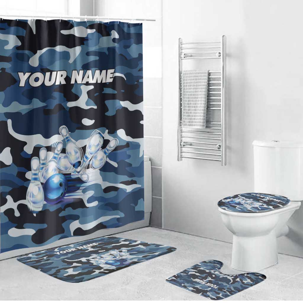 Blue Camouflage Pattern Bathroom Set with Bowling Pins and Ball Graphic Design - Wonder Print Shop