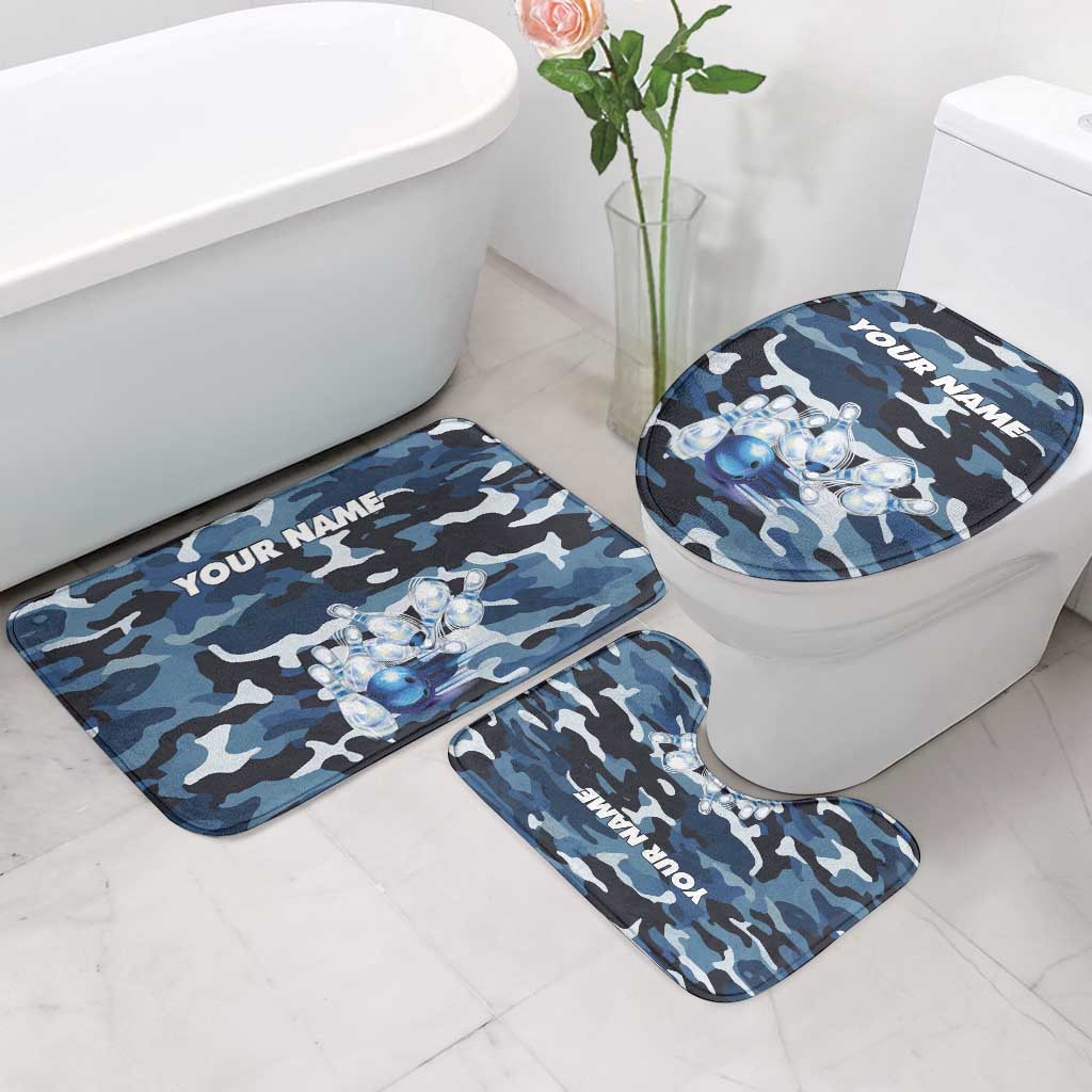 Blue Camouflage Pattern Bathroom Set with Bowling Pins and Ball Graphic Design - Wonder Print Shop