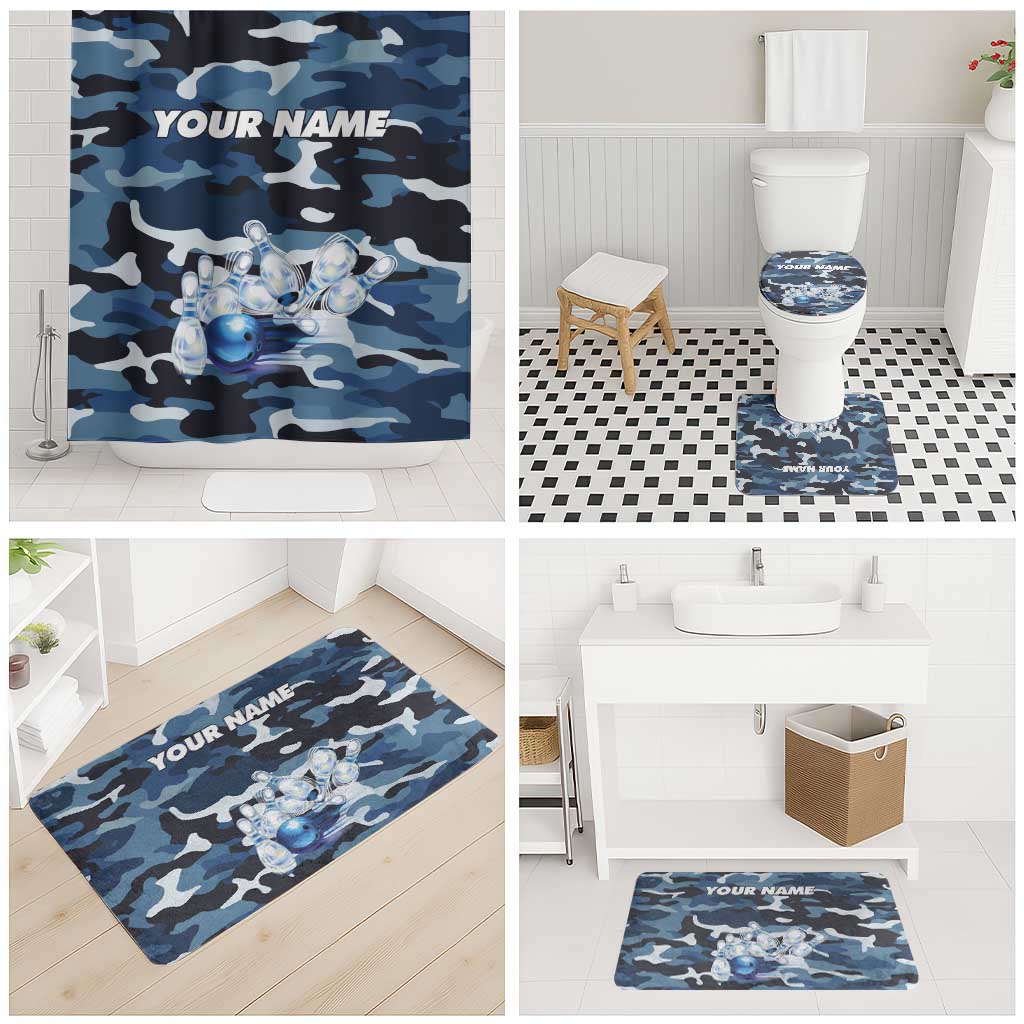 Blue Camouflage Pattern Bathroom Set with Bowling Pins and Ball Graphic Design - Wonder Print Shop