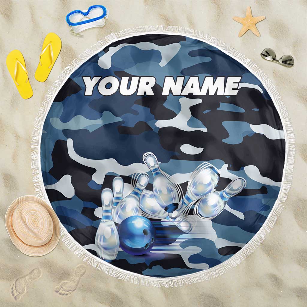Blue Camouflage Pattern Beach Blanket with Bowling Pins and Ball Graphic Design - Wonder Print Shop